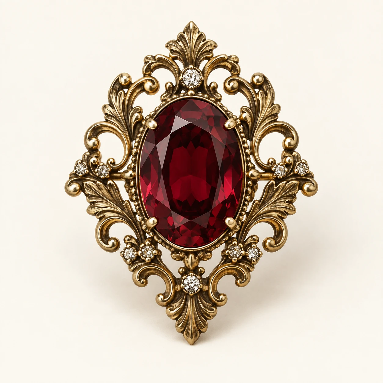 Wine red Rosaline Court Brooch, Glass stone and clear glass accents; antique gold plated brass