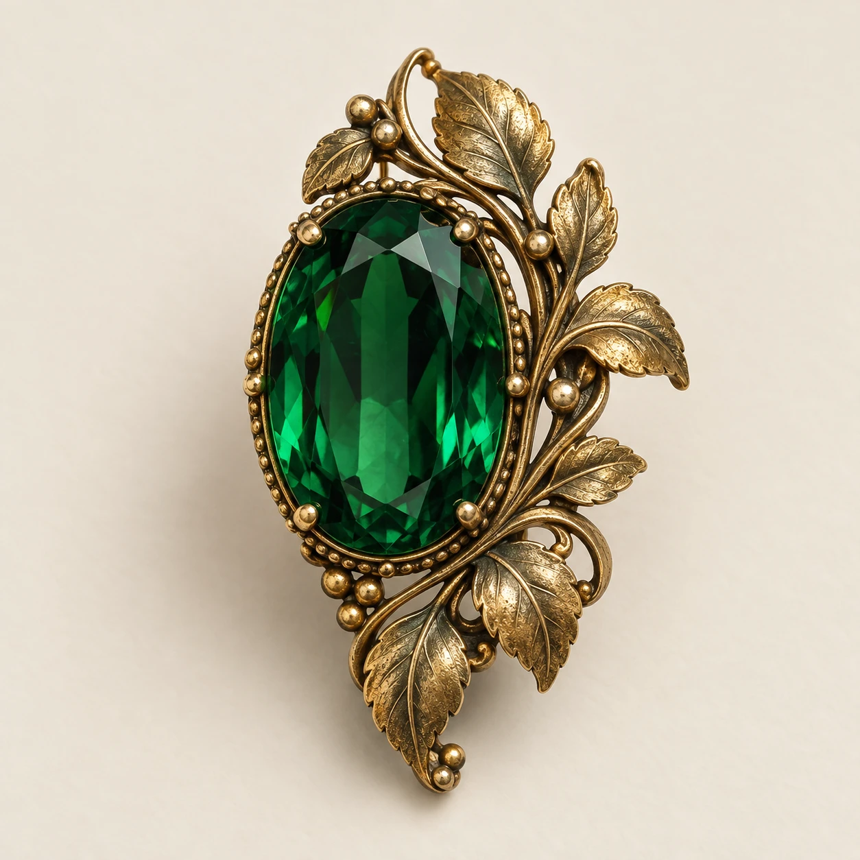 Green Emerald Garden Brooch, Glass stone; antique gold plated brass