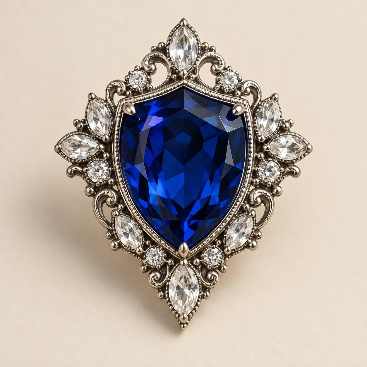 Blue Sapphire Crest Brooch, Glass stone and clear glass accents; silver plated brass