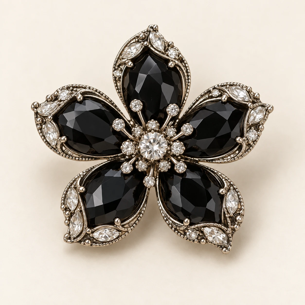 Black Midnight Fleur Brooch, Black glass stones and clear glass accents; silver plated brass