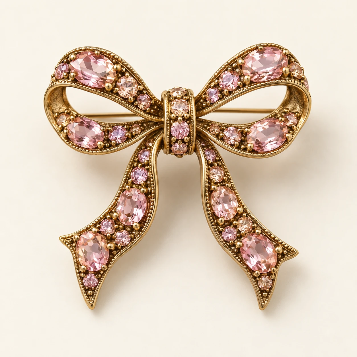 Pink Rosewater Ribbon Brooch, Pink glass stones; gold plated brass