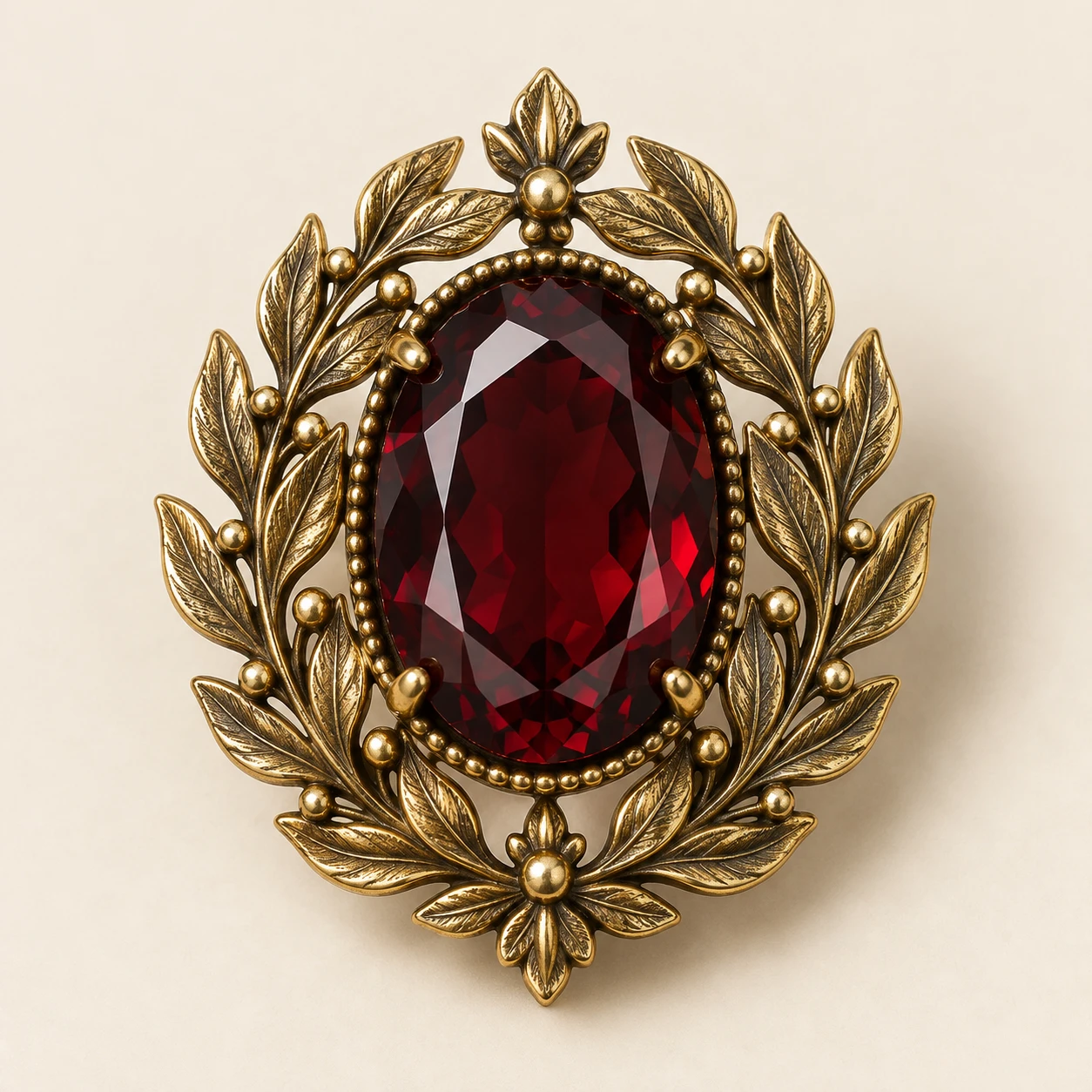 Wine red Garnet Laurel Brooch, Dark-red glass stone; antique gold plated brass