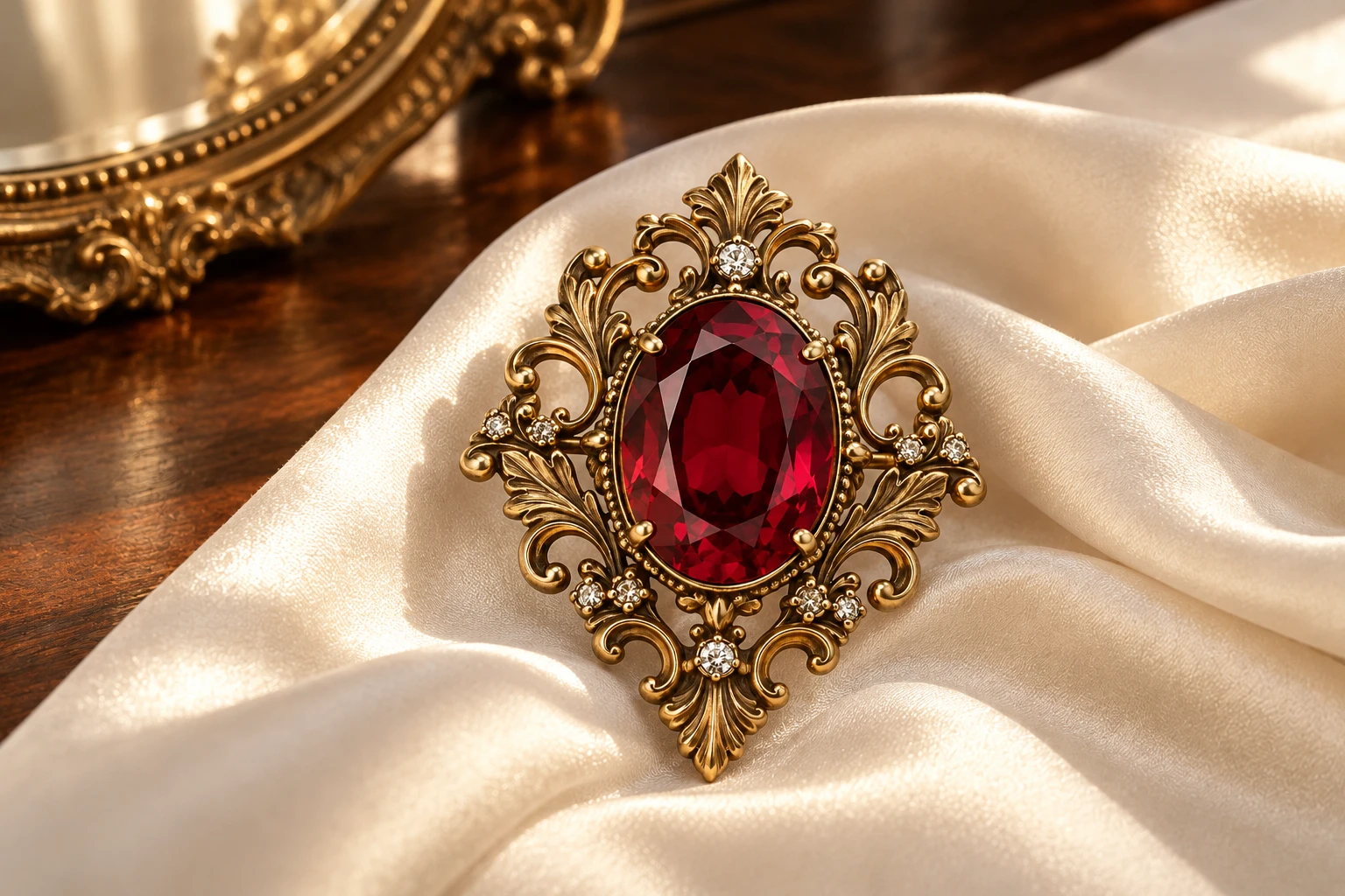 Rosaline Court brooch on softly draped ivory cloth